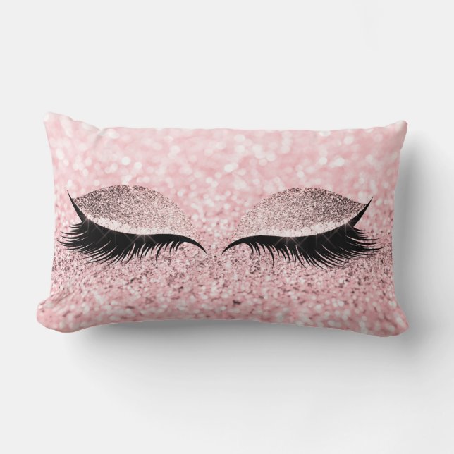 Glitter Black Glam Makeup Eye Lashes Pink Rose Lumbar Pillow (Front)