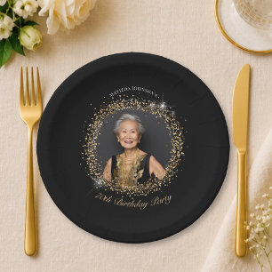 Glitter Black Gold 70th Birthday Party Paper Plates