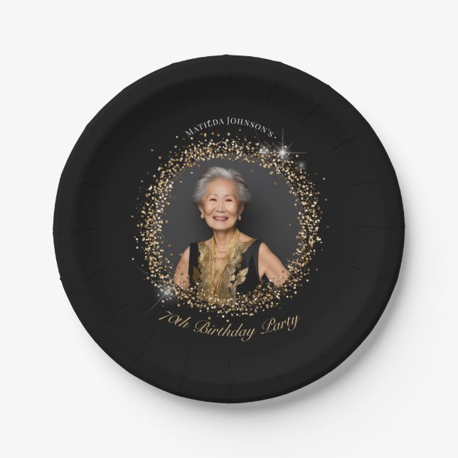 Glitter Black Gold 70th Birthday Party Paper Plates (Front)