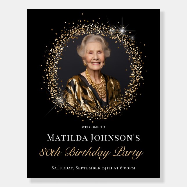 Glitter Black Gold 80th Birthday Welcome Foam Board (Front)
