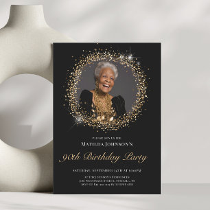 Glitter Black Gold 90th Birthday Party Invitation