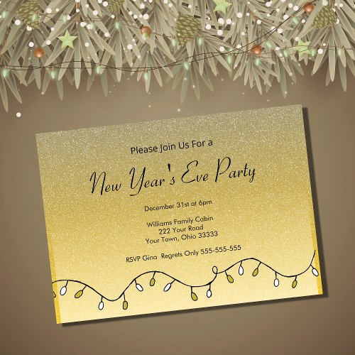 Glitter Black Gold New Years Eve Party 2024 Invitation