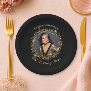 Glitter Black Gold Photo 60th Birthday Party Paper Plates