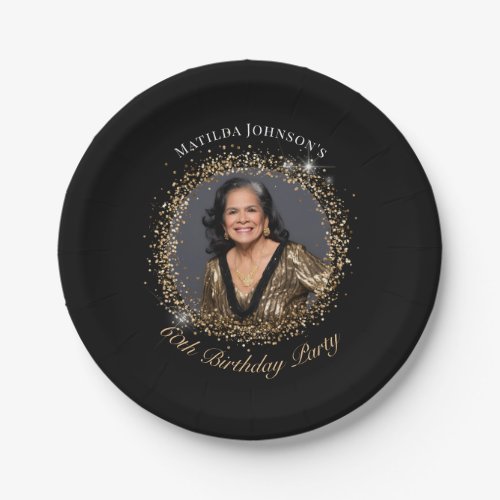 Glitter Black Gold Photo 60th Birthday Party Paper Plates