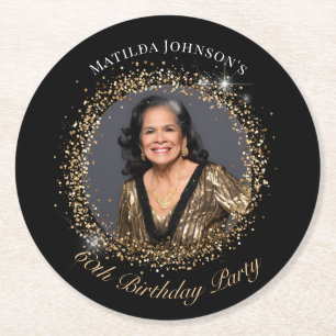 Glitter Black Gold Photo 60th Birthday Party Round Paper Coaster