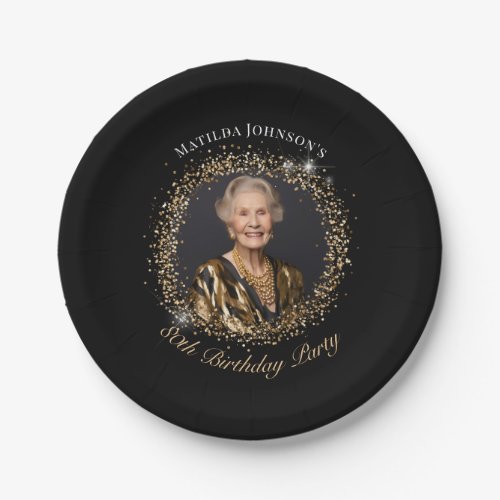 Glitter Black Gold Photo 80th Birthday Party Paper Plates