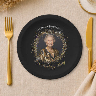 Glitter Black Gold Photo 80th Birthday Party Paper Plates