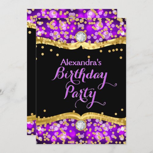 Glitter Black Gold Purple Confetti Birthday Party Invitation