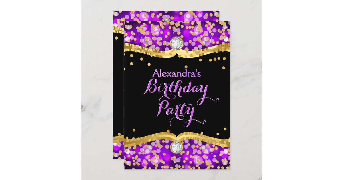 Glitter Black Gold Purple Confetti Birthday Party Invitation | Zazzle