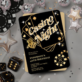 Glitter Black & Gold Sparkling Vegas Casino Night Invitation
