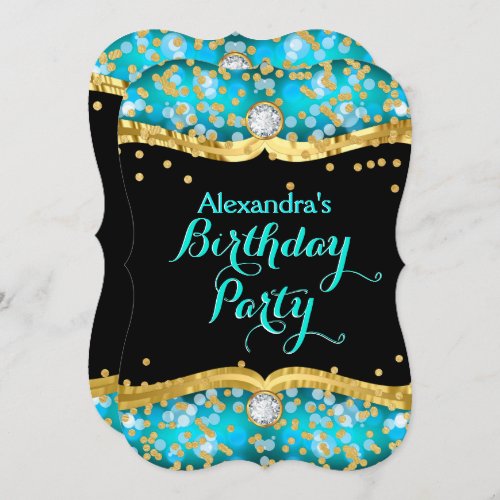 Glitter Black Gold Teal Confetti Birthday Party Invitation
