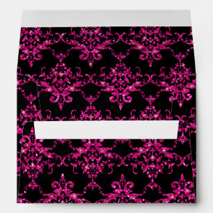 Glitter black hot pink damask pattern envelope