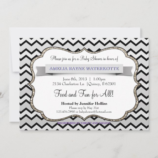 Glitter Black Ice Gold Chevron Baby Shower Invitation (Front)
