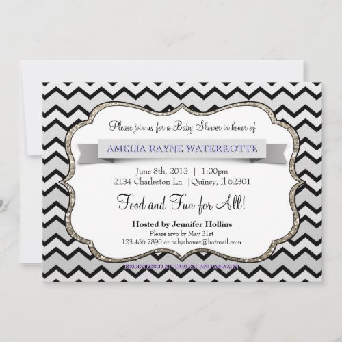 Glitter Black Ice Gold Chevron Baby Shower Custom Invites