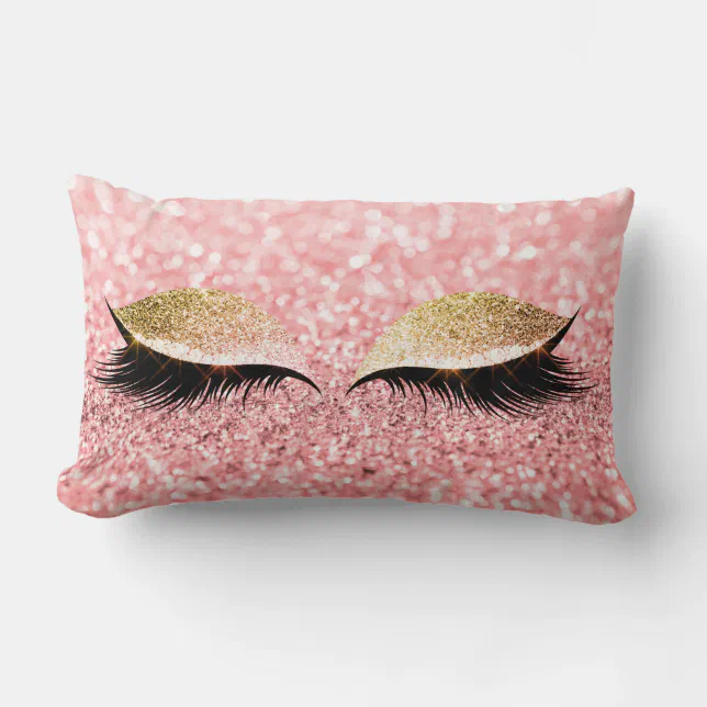 Glitter Black Makeup Eye Lashes Pink Rose Gold Lumbar Pillow Zazzle