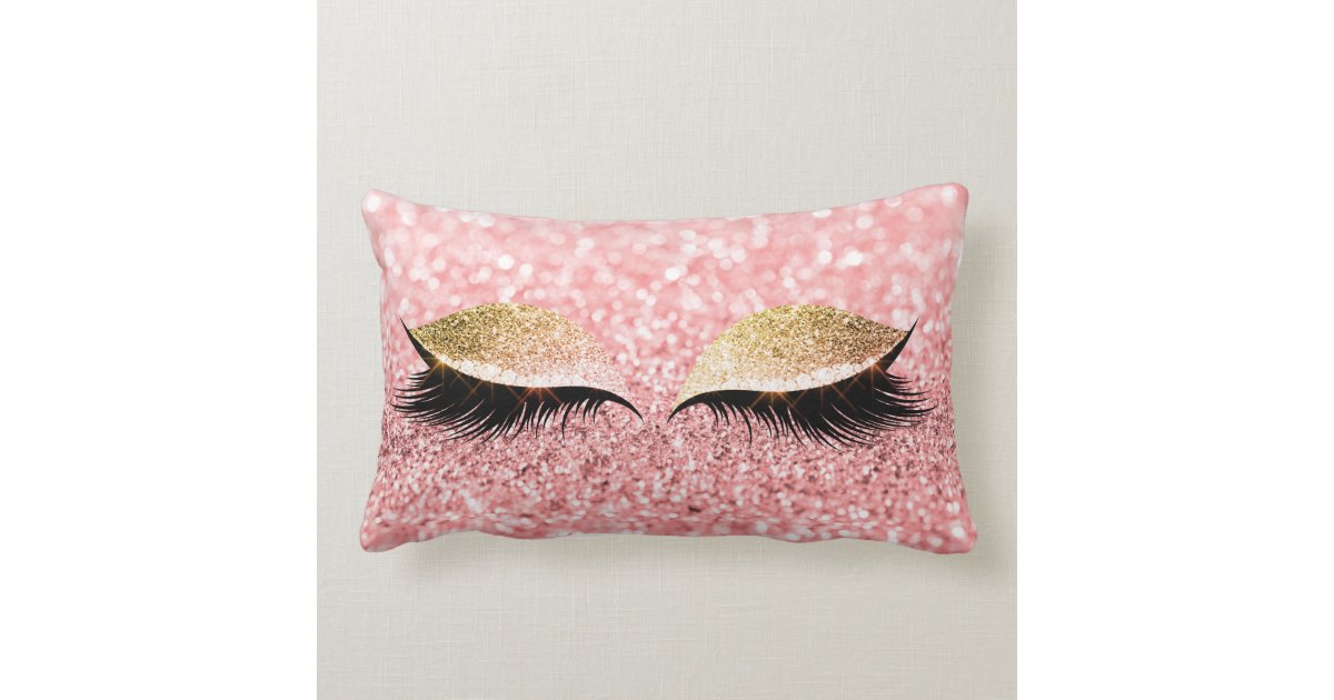 Glitter Black Makeup Eye Lashes Pink Rose Gold Lumbar Pillow Zazzle.com