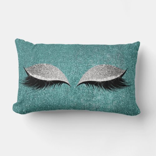 Glitter Black Makeup Eye Lashes Teal Silver Eye Lumbar Pillow