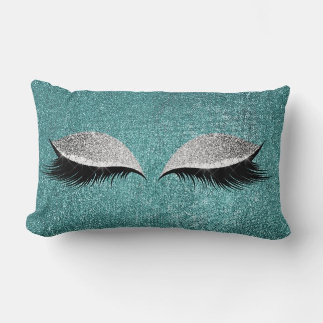 Glitter Black Makeup Eye Lashes Teal Silver Eye Lumbar Pillow (Front)