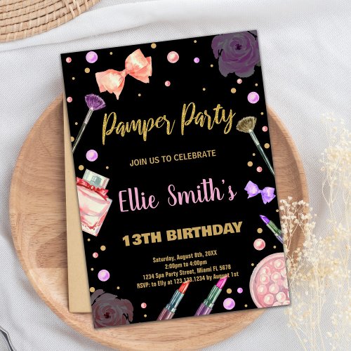 Glitter Black Pamper Party Birthday Invitations
