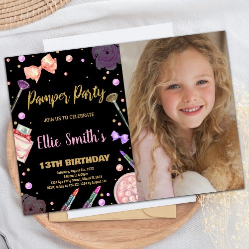 Glitter Black Photo Pamper Party Birthday Invitation