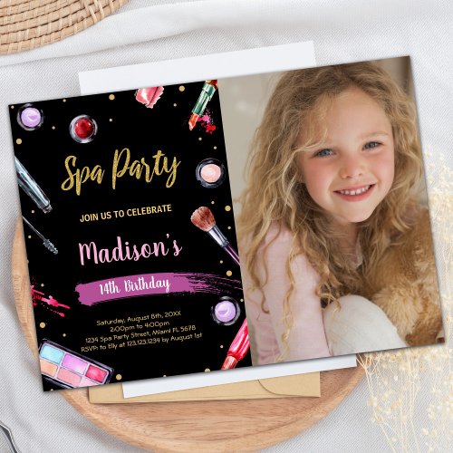 Glitter Black Photo Spa Birthday Invitations