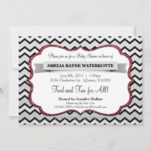 Glitter Black Red Chevron Baby Shower Invite