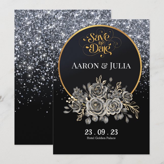 Glitter Black Rose Flowers Save the Date (Front/Back)