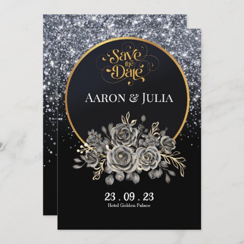 Glitter Black Rose Flowers Save the Date