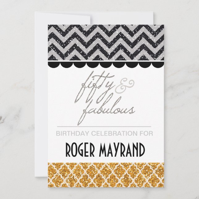 Glitter Black, Silver, and Gold Birthday Invite (Front)