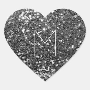 Glitter Black Silver Gray Metallic Minimal Monogra Heart Sticker