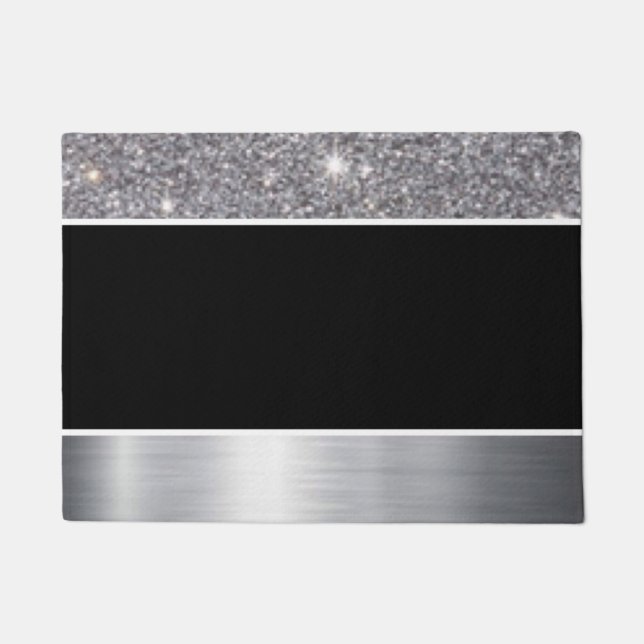 Glitter Black Silver Pattern Print Design Doormat (Front)