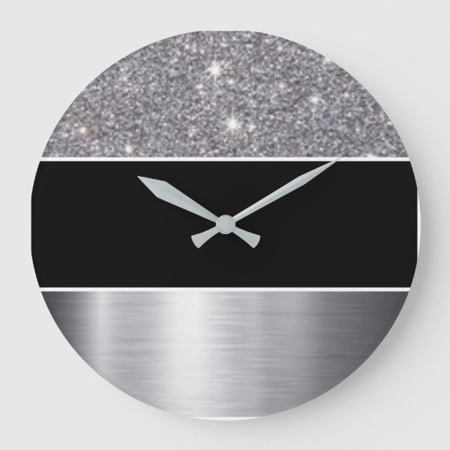 Glitter Black Silver Pattern Print Design Large Clock (Front)