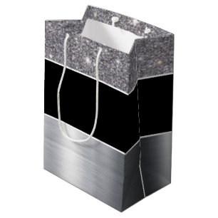 Glitter Black Silver Pattern Print Design Medium Gift Bag