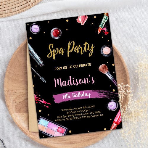 Glitter Black Spa Birthday Invitations