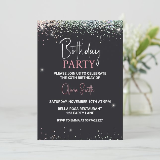 Glitter Black Sparkle Birthday Party Invitation (Standing Front)