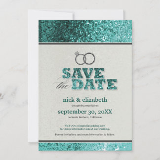 Glitter Bling Save the Date Announcement (aqua)