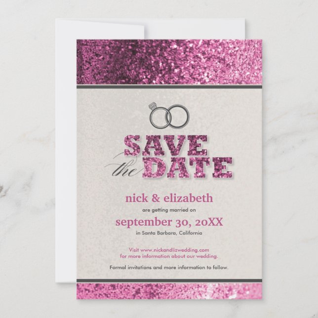 Glitter Bling Save the Date Announcement (pink) (Front)