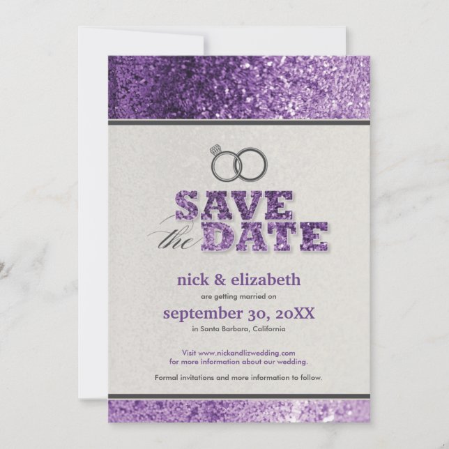 Glitter Bling Save the Date Announcement (purple) (Front)