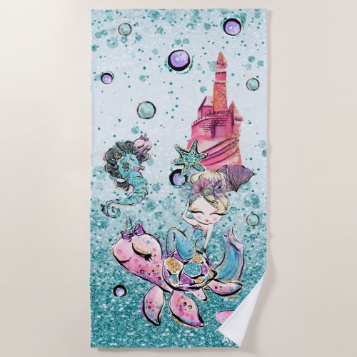  Glitter Blonde Mermaid Sea Turtle Sand Castle  Beach Towel