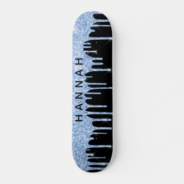 Glitter Blue Drips Personalized Black Skateboard (Front)