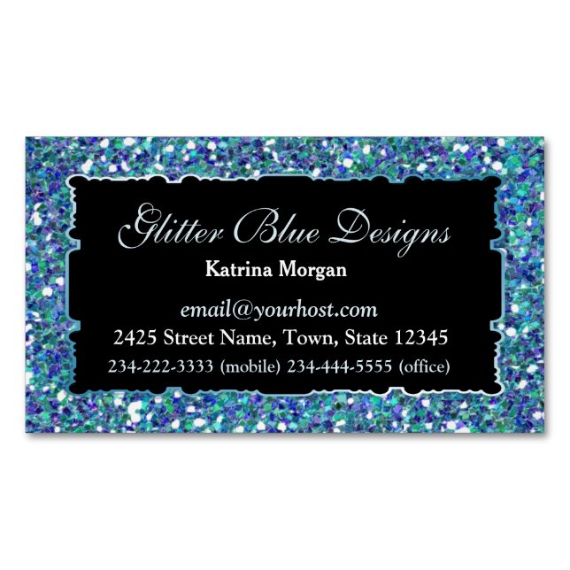 Glitter Blue Elegance Magnetic Business Card (Front)