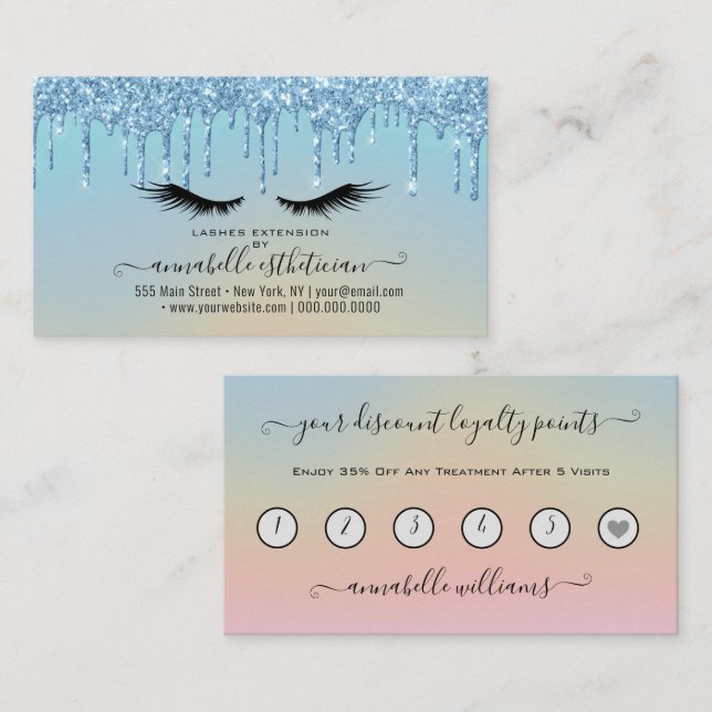 Glitter Blue Eyelash Extension Loyalty   Business Card (Front/Back)