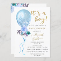 Glitter Blue Floral Balloon Boy Baby Shower Invitation