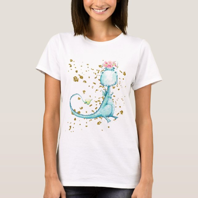 *~* Glitter Blue Girly Dragon Dinosaur Flowers T-Shirt (Front)