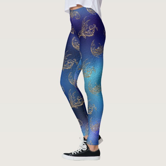 glitter blue gold sea creature mermaid design leggings (Left)