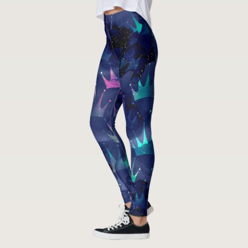 glitter blue gold sea crown design mermaid leggings