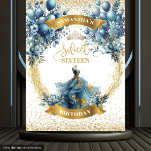 Glitter Blue Gold Watercolor Sweet Sixteen Banner Tapestry