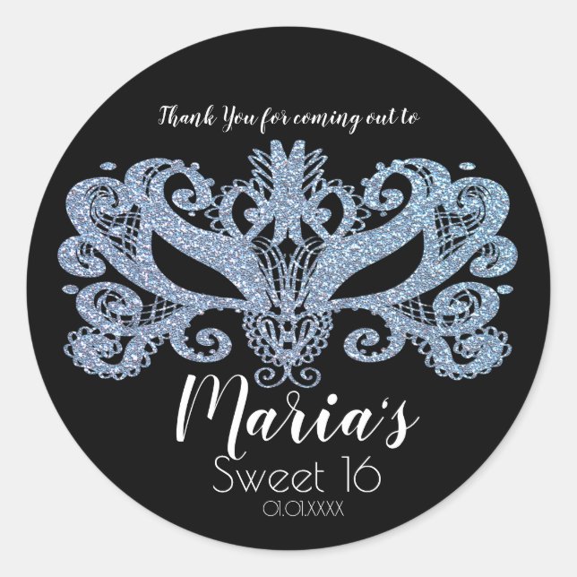 Glitter Blue Masquerade Mask Party Favor Classic Round Sticker (Front)