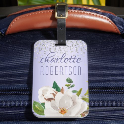 Glitter Blue Ombre Girly Watercolor Floral Name Luggage Tag