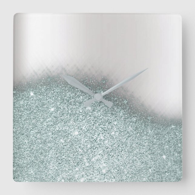 Glitter Blue Pastel Gray Minimal Metallic Square Wall Clock (Front)